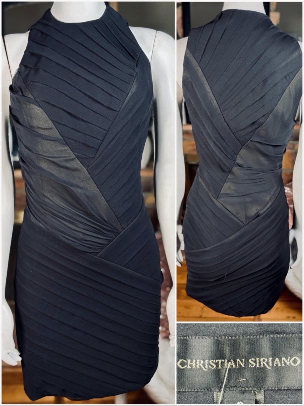 Christian Siriano Black Silk High Neck Sleeveless Pleated Panel Dress Szs 2/6/10